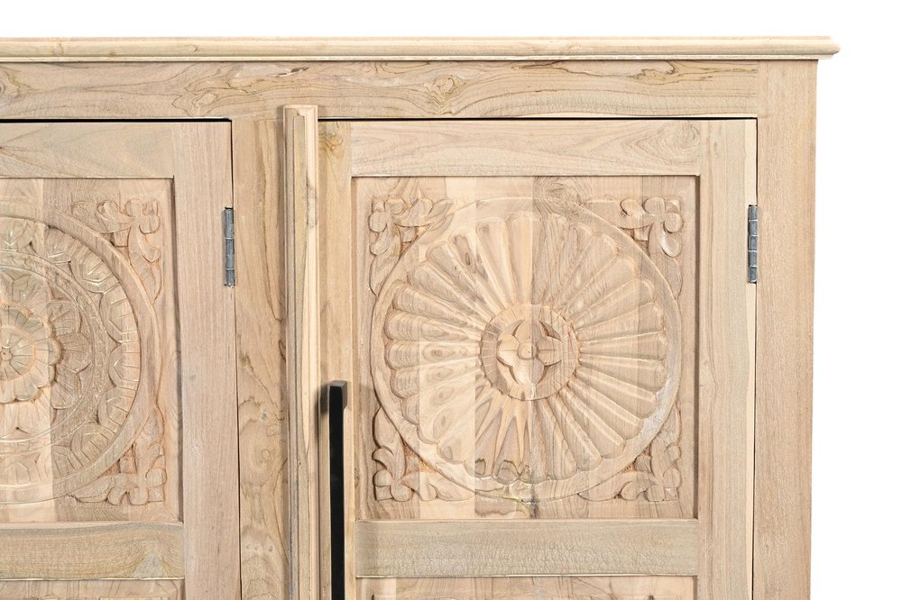 Natural Distressed Solid Wood Carved Floral Sideboard with Four Doors - 74-inch