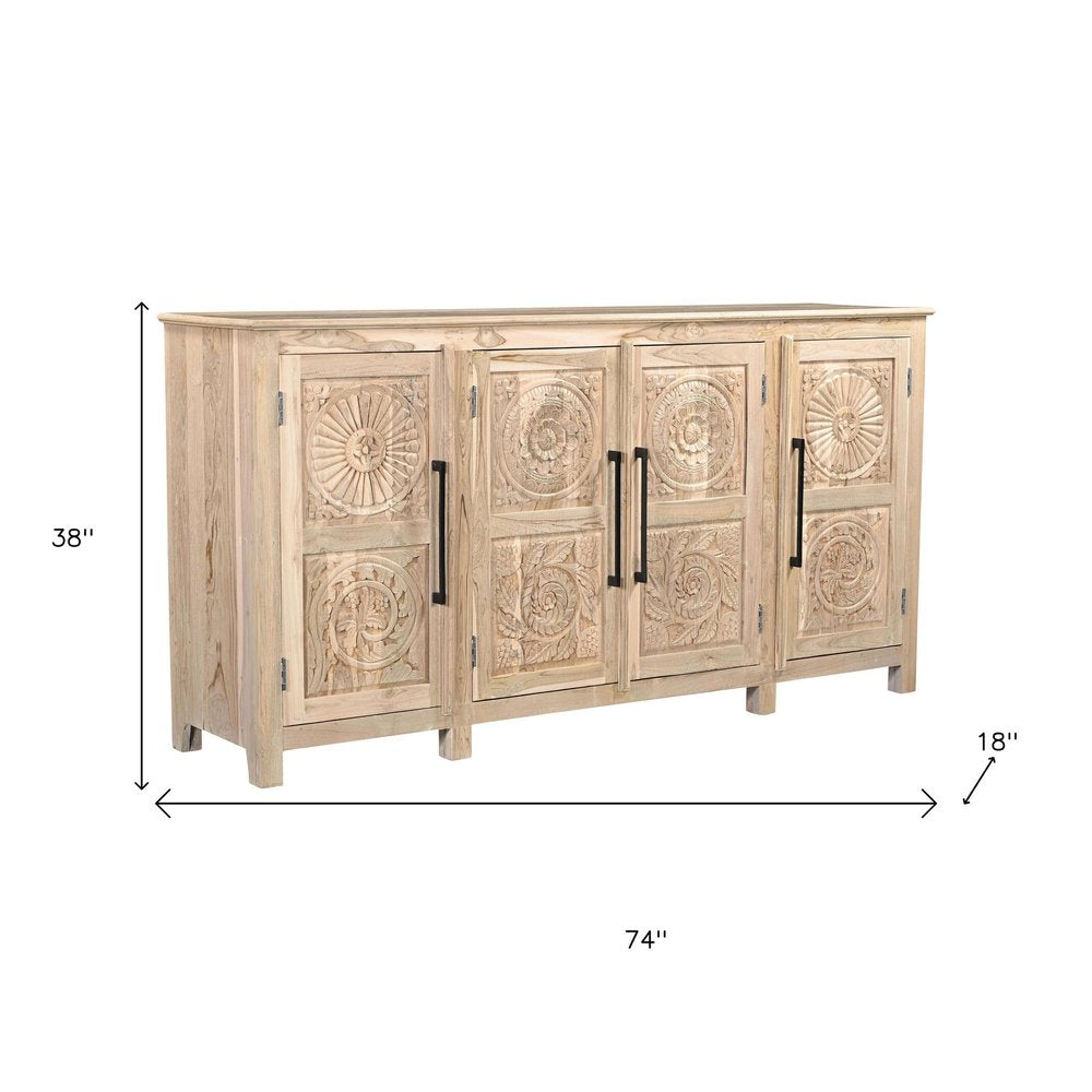 Natural Distressed Solid Wood Carved Floral Sideboard with Four Doors - 74-inch