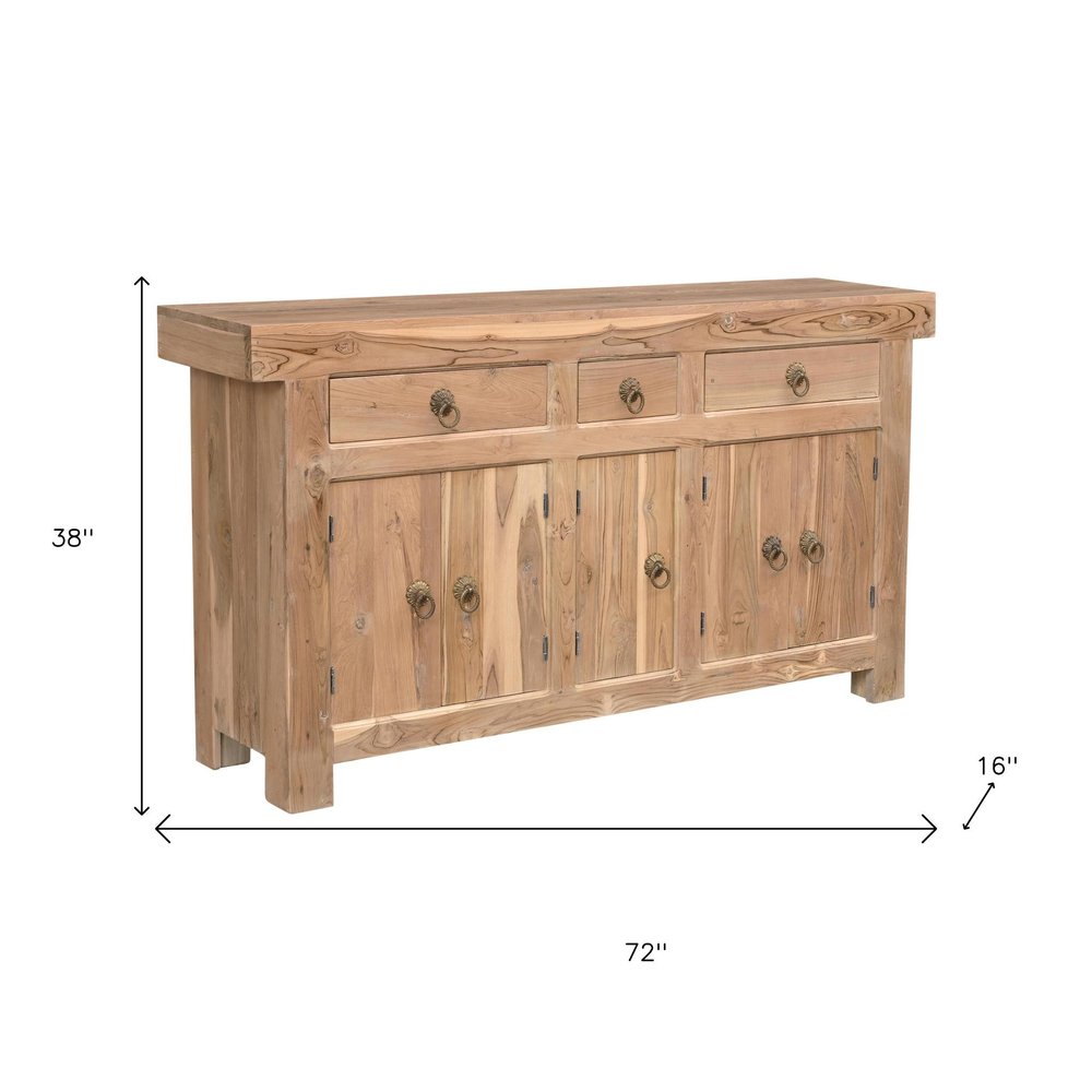 Natural Solid Wood Three Drawer Sideboard with Five Doors - 72-inch