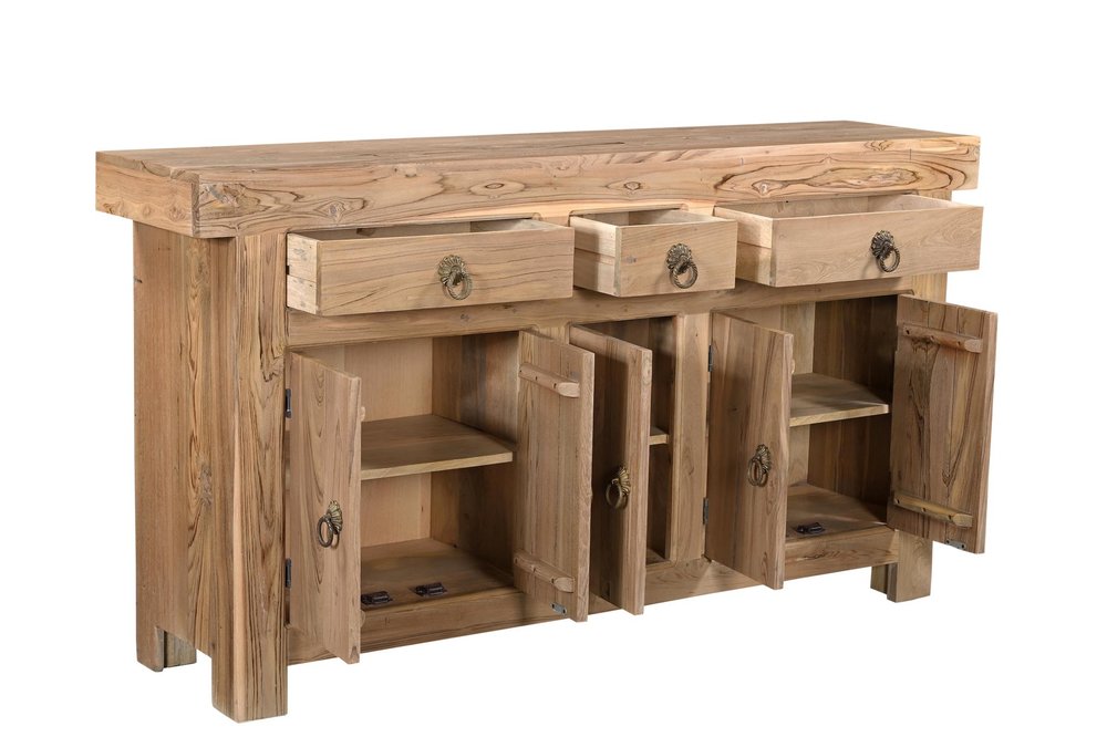 Natural Solid Wood Three Drawer Sideboard with Five Doors - 72-inch