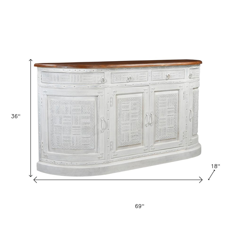 White and Brown Solid Wood Carved Geometric Four Drawer Four Door Sideboard
