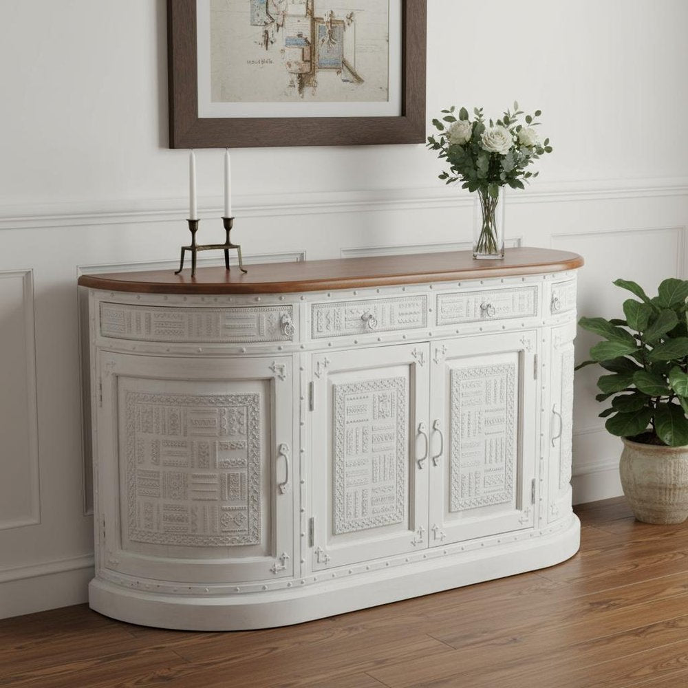White and Brown Solid Wood Carved Geometric Four Drawer Four Door Sideboard