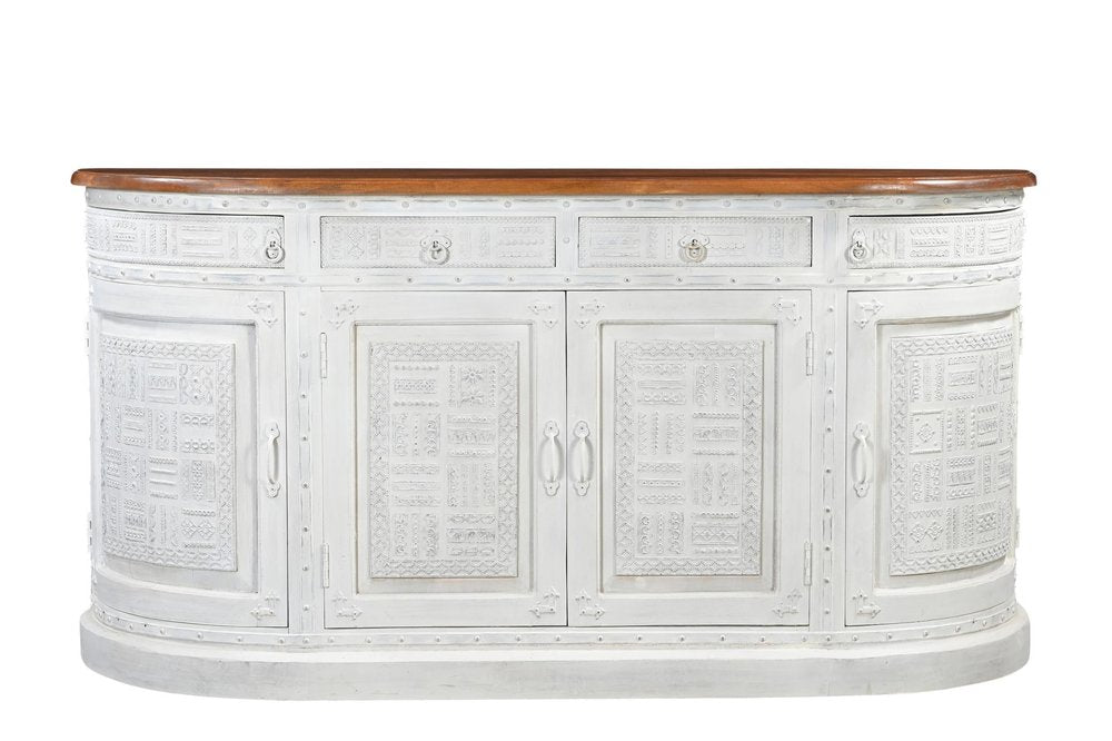 White and Brown Solid Wood Carved Geometric Four Drawer Four Door Sideboard