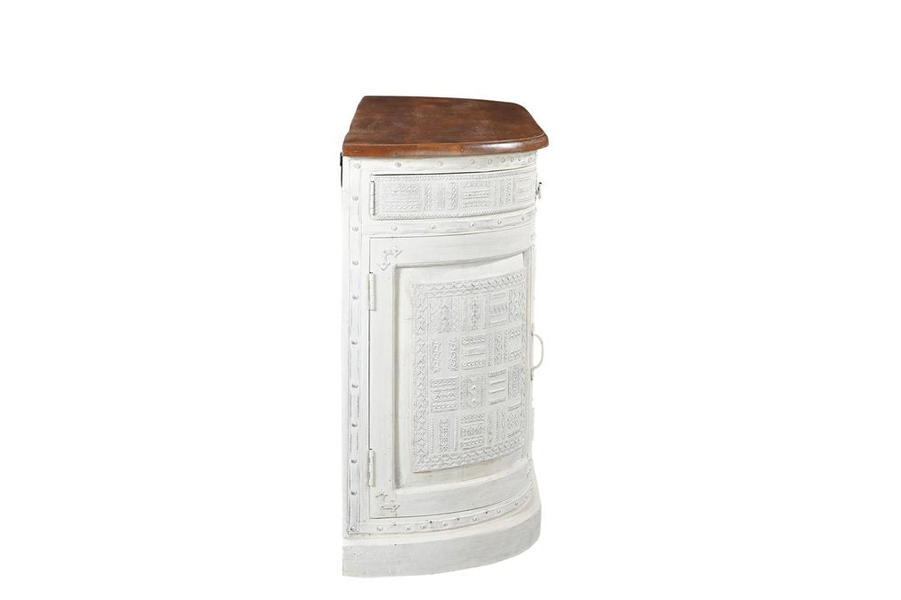 White and Brown Solid Wood Carved Geometric Four Drawer Four Door Sideboard