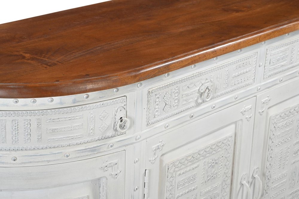 White and Brown Solid Wood Carved Geometric Four Drawer Four Door Sideboard
