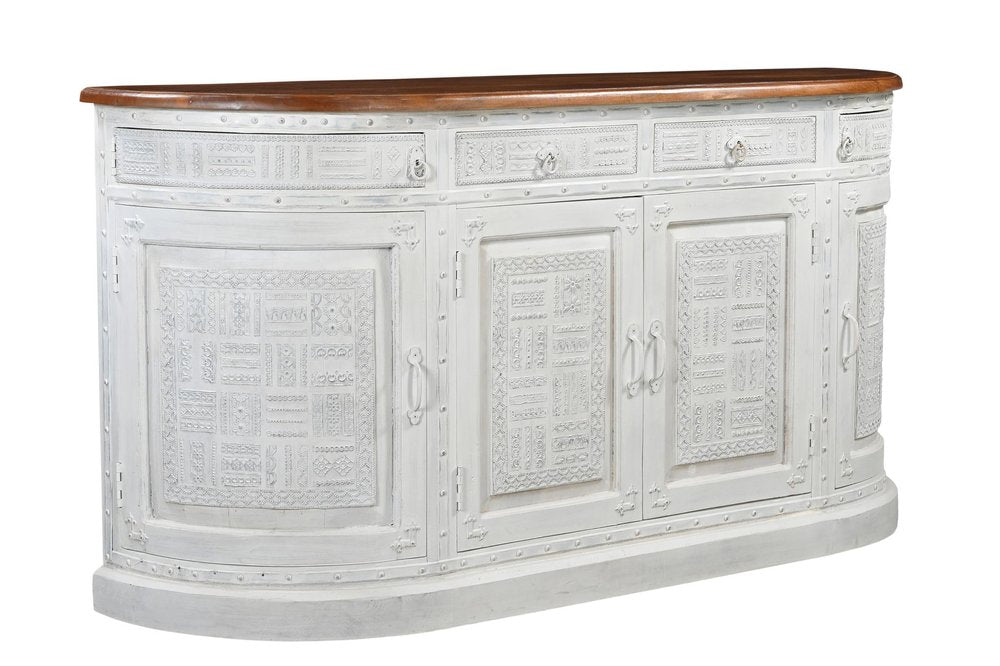 White and Brown Solid Wood Carved Geometric Four Drawer Four Door Sideboard