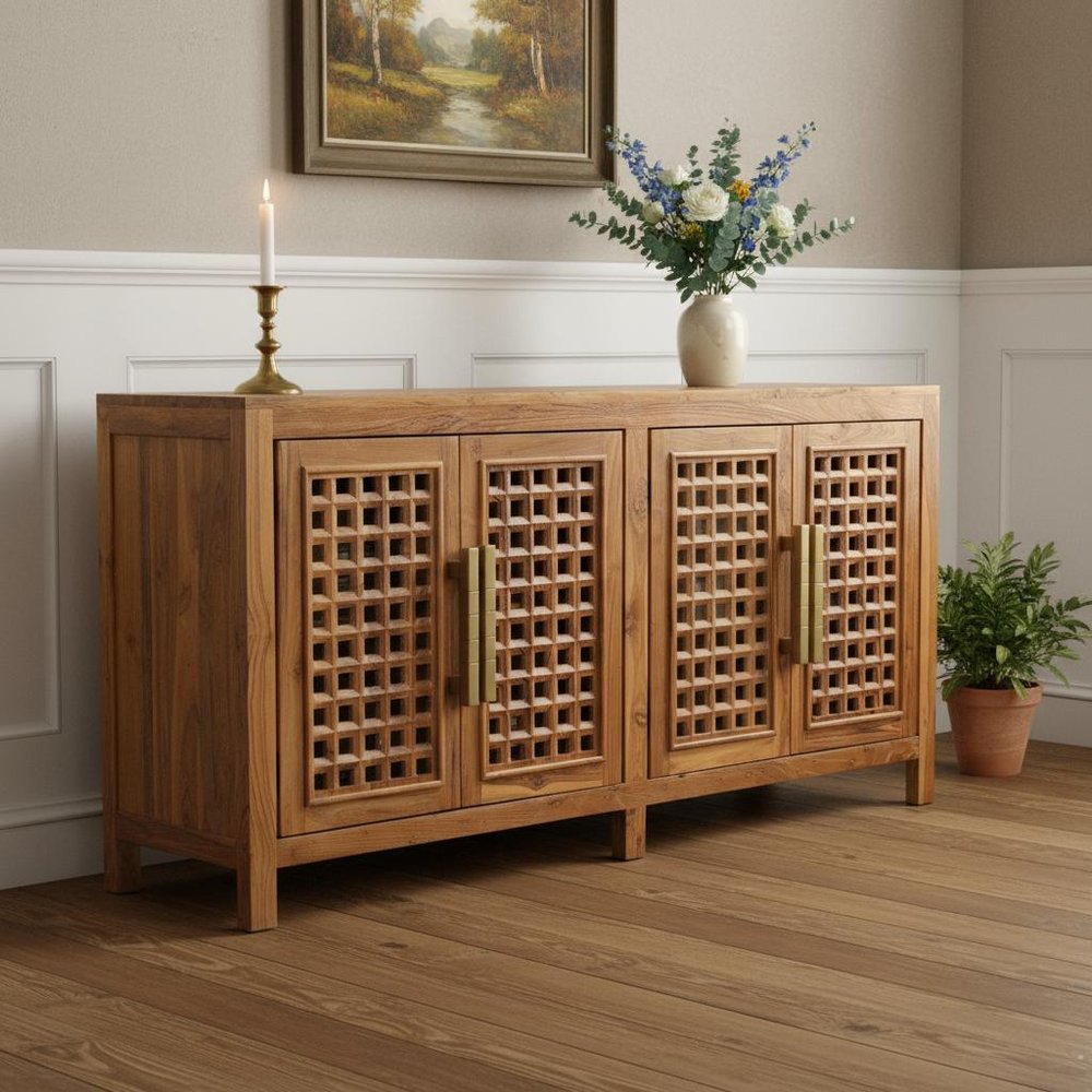Brown Solid Wood Carved Geometric Sideboard with Four Doors - 71-inch