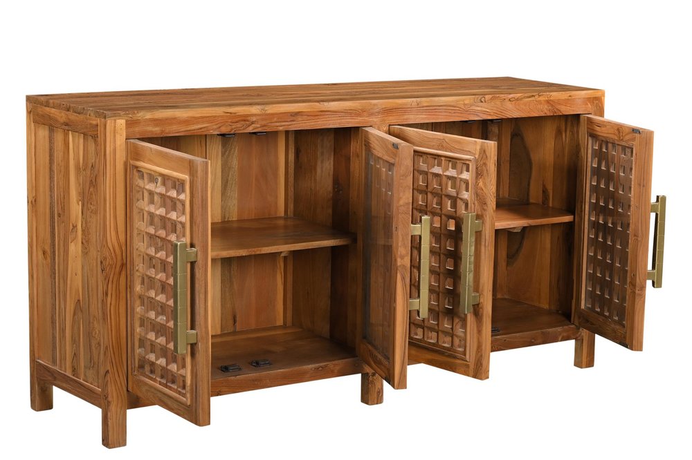 Brown Solid Wood Carved Geometric Sideboard with Four Doors - 71-inch