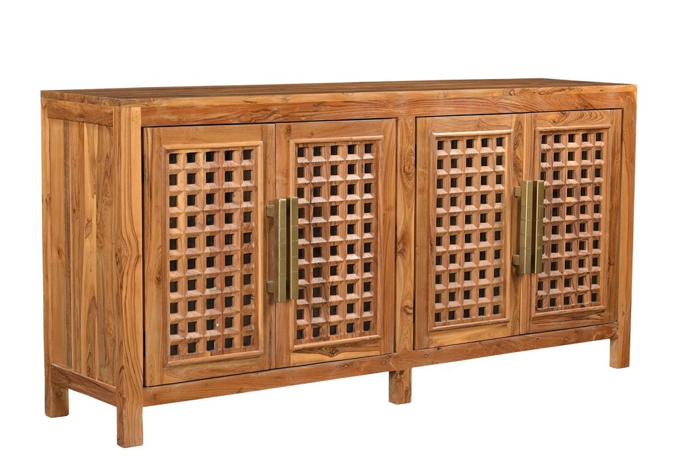 Brown Solid Wood Carved Geometric Sideboard with Four Doors - 71-inch