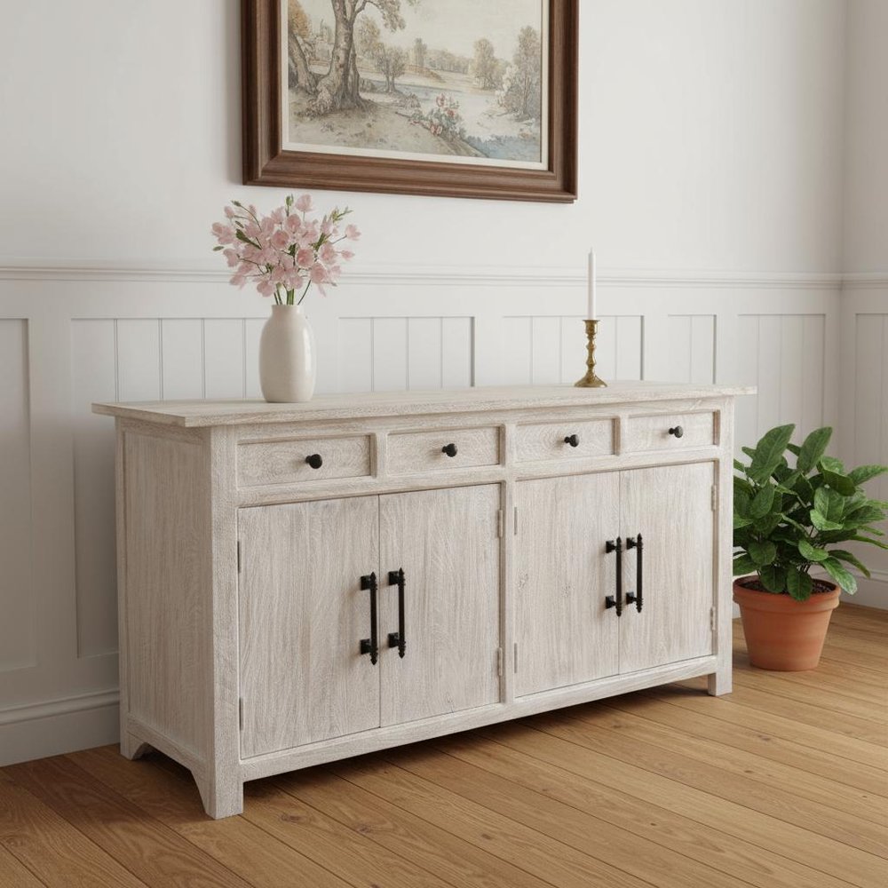 White Distressed Solid Wood Paneled Four Drawer Sideboard with Four Doors