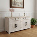 White Distressed Solid Wood Paneled Four Drawer Sideboard with Four Doors