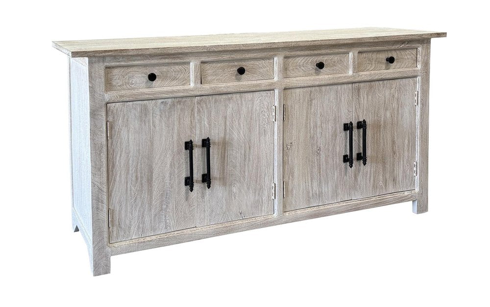 White Distressed Solid Wood Paneled Four Drawer Sideboard with Four Doors