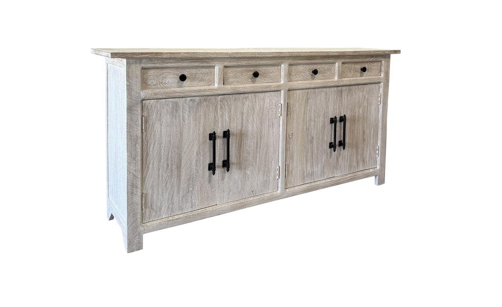 White Distressed Solid Wood Paneled Four Drawer Sideboard with Four Doors