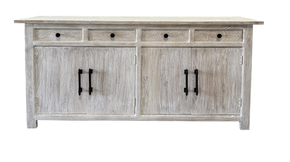 White Distressed Solid Wood Paneled Four Drawer Sideboard with Four Doors
