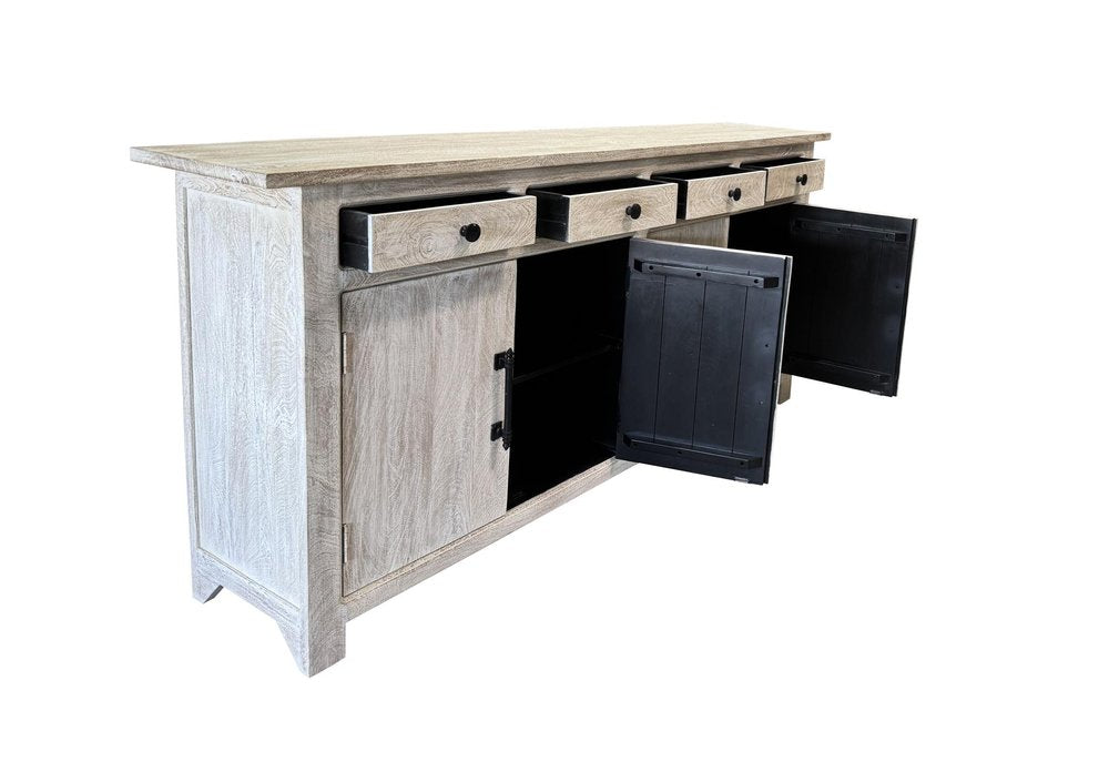 White Distressed Solid Wood Paneled Four Drawer Sideboard with Four Doors
