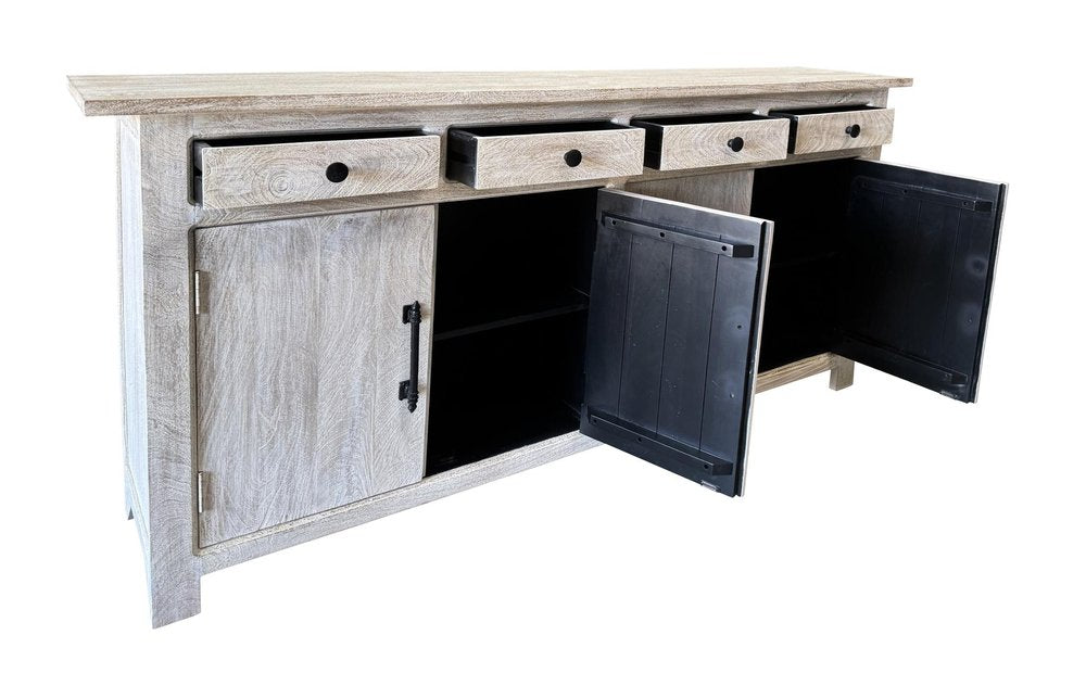 White Distressed Solid Wood Paneled Four Drawer Sideboard with Four Doors