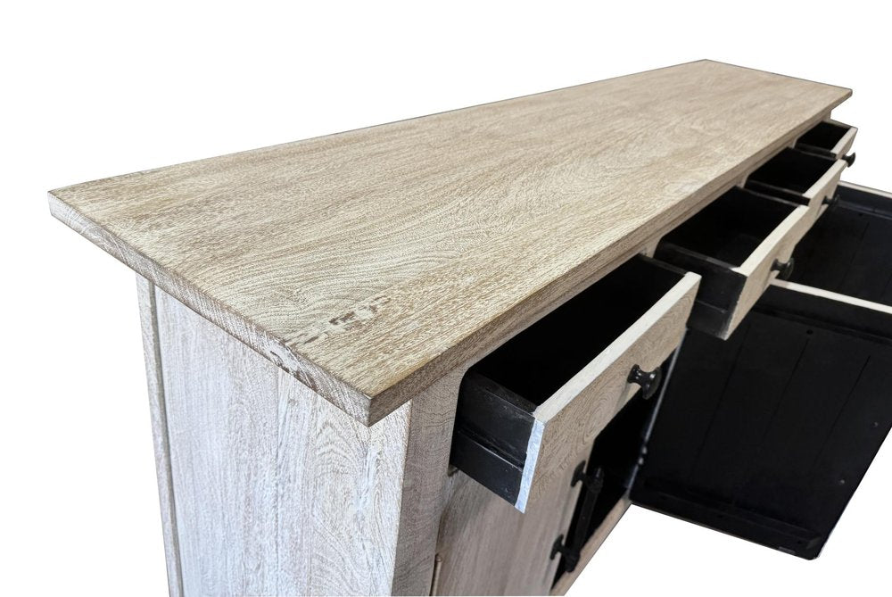 White Distressed Solid Wood Paneled Four Drawer Sideboard with Four Doors
