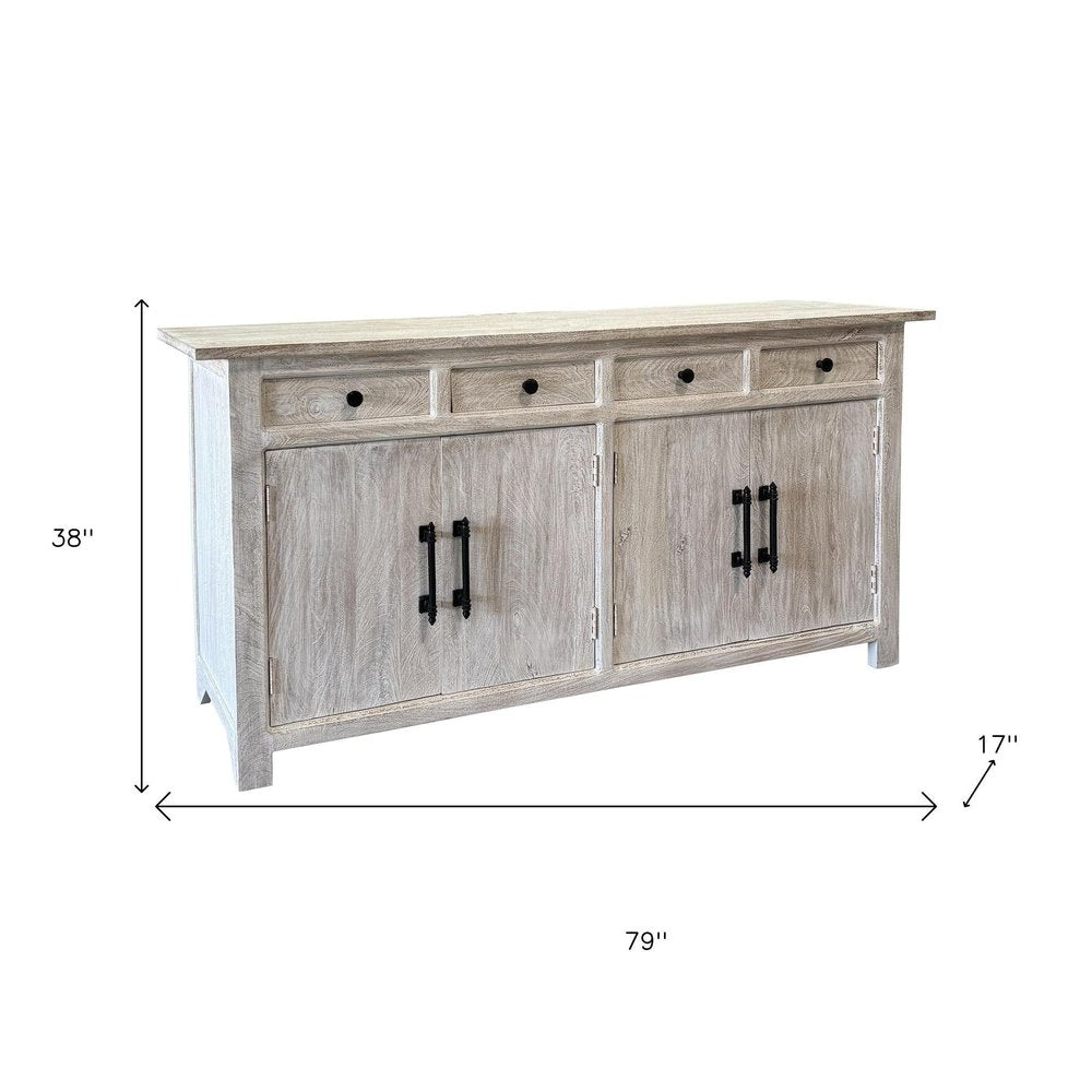 White Distressed Solid Wood Paneled Four Drawer Sideboard with Four Doors