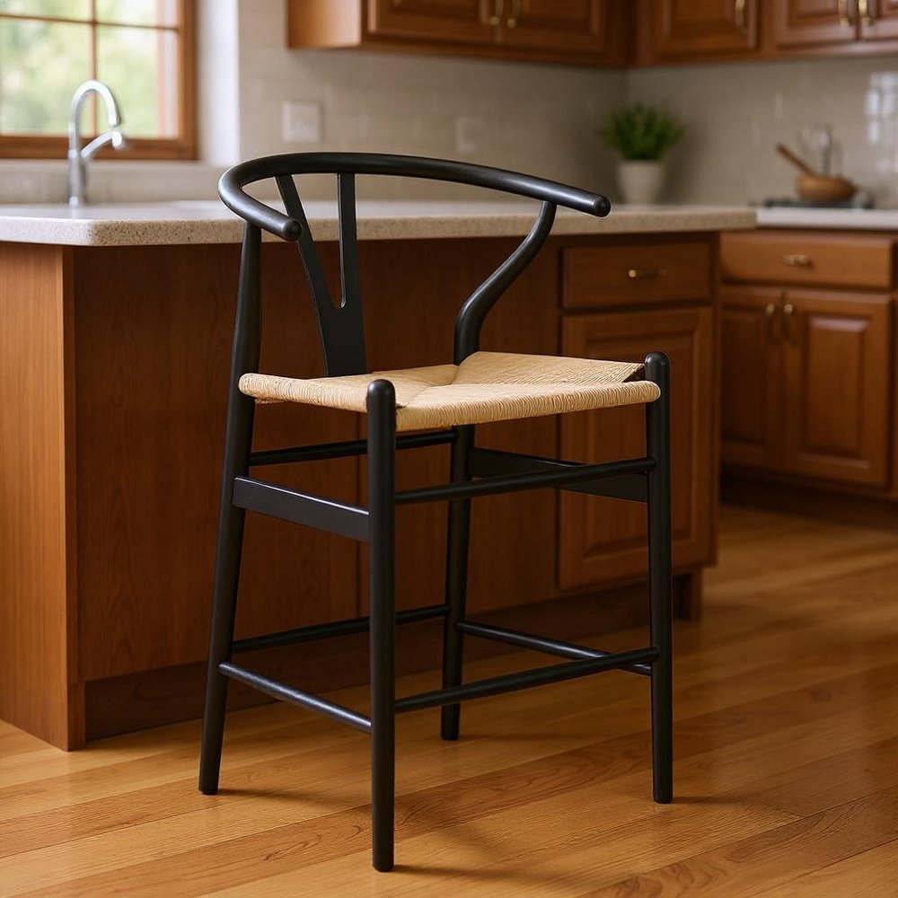 Beige and Black Solid Wood Counter Height Bar Chair - 27-inch