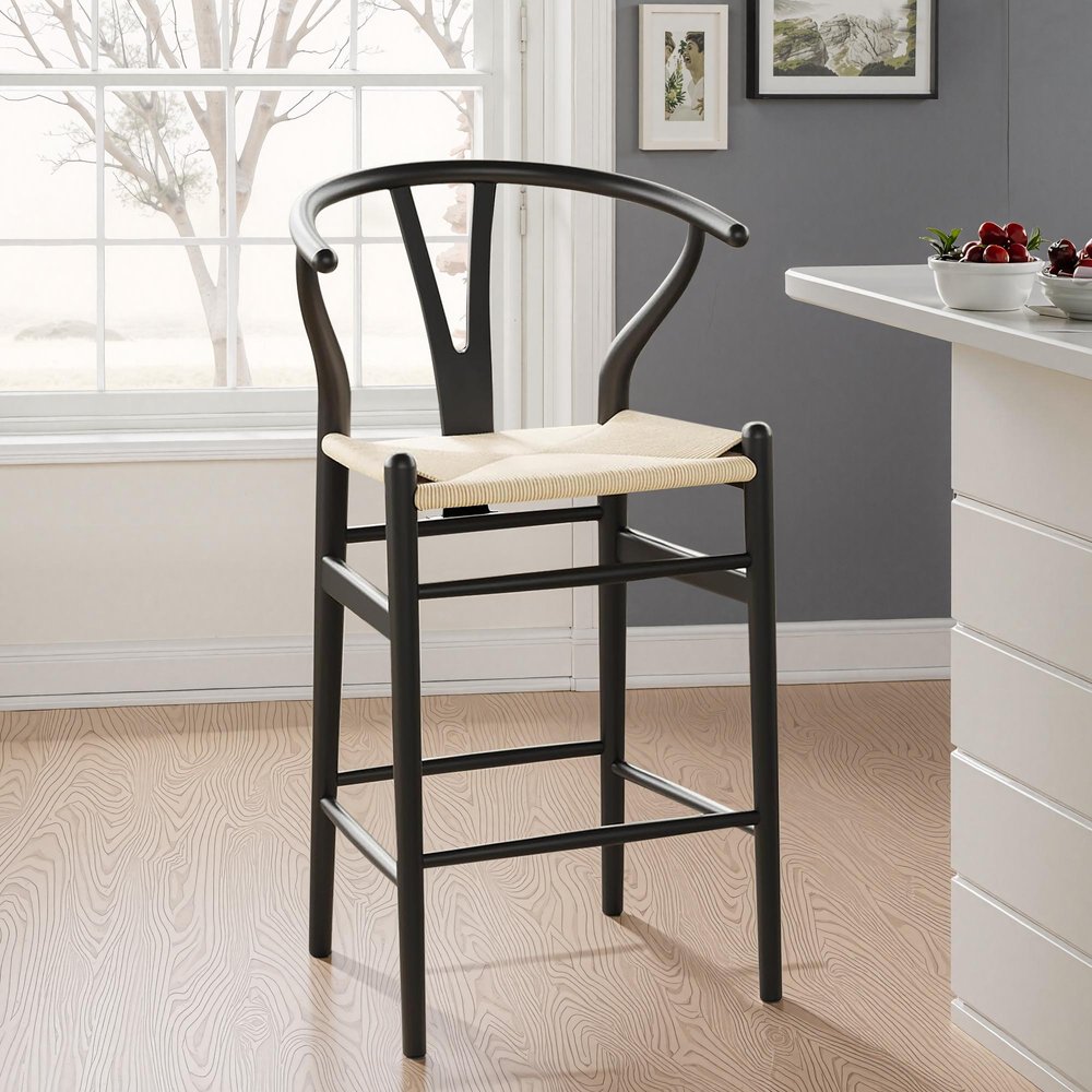 Beige and Black Solid Wood Counter Height Bar Chair - 27-inch