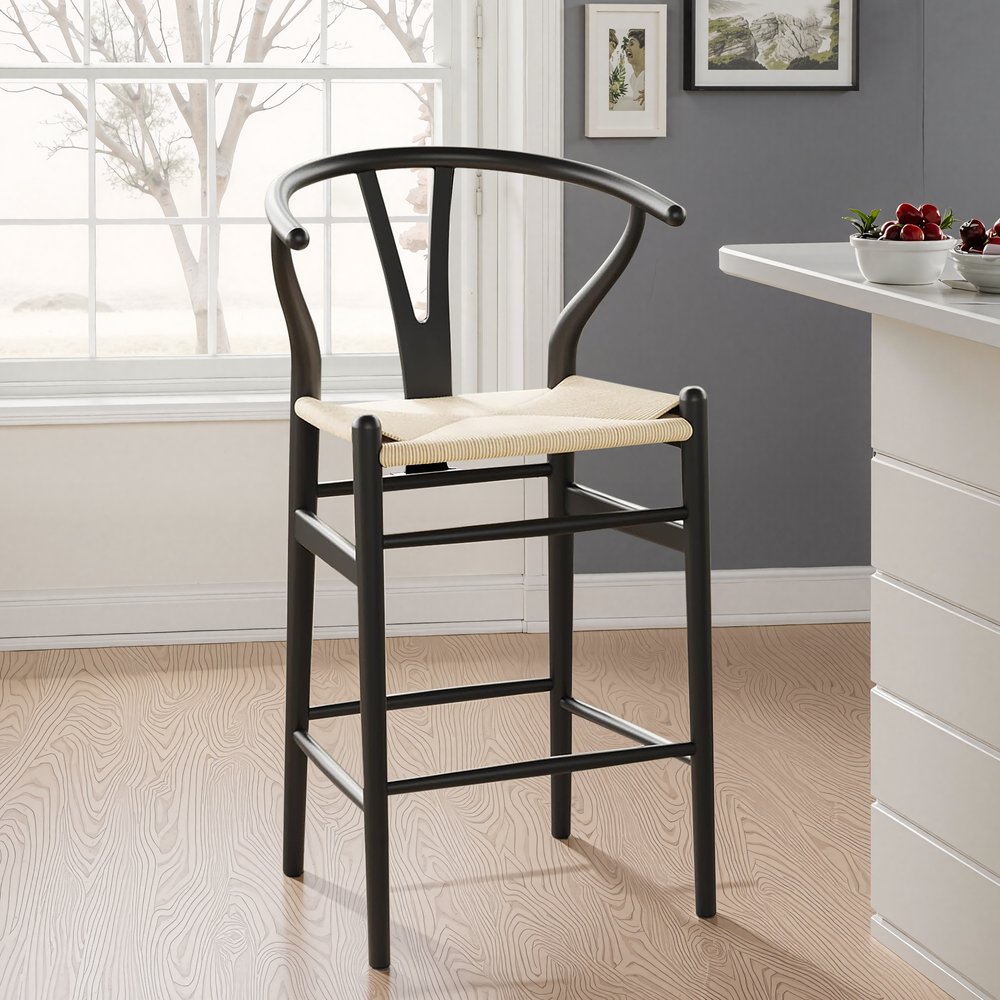 Beige and Black Solid Wood Counter Height Bar Chair - 27-inch