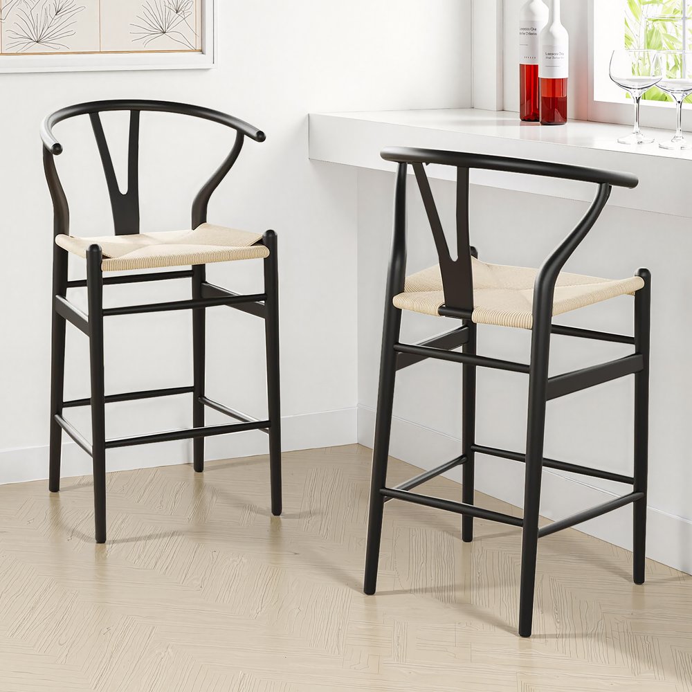 Beige and Black Solid Wood Counter Height Bar Chair - 27-inch