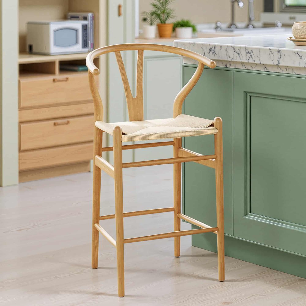 Beige and Natural Solid Wood Counter Height Bar Chair - 27-inch