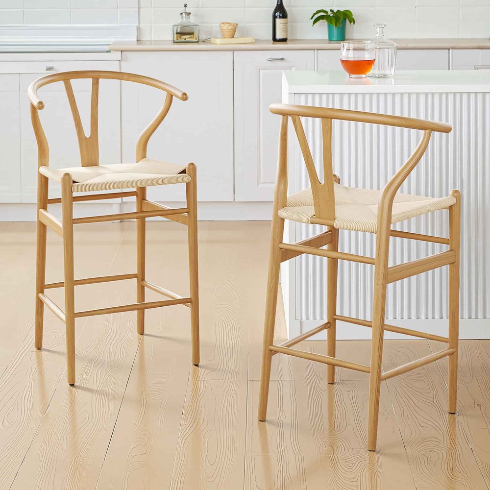 Beige and Natural Solid Wood Counter Height Bar Chair - 27-inch