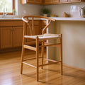 Beige and Natural Solid Wood Counter Height Bar Chair - 27-inch
