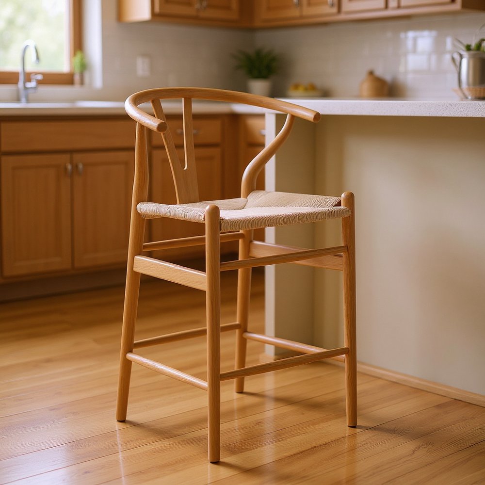 Beige and Natural Solid Wood Counter Height Bar Chair - 27-inch