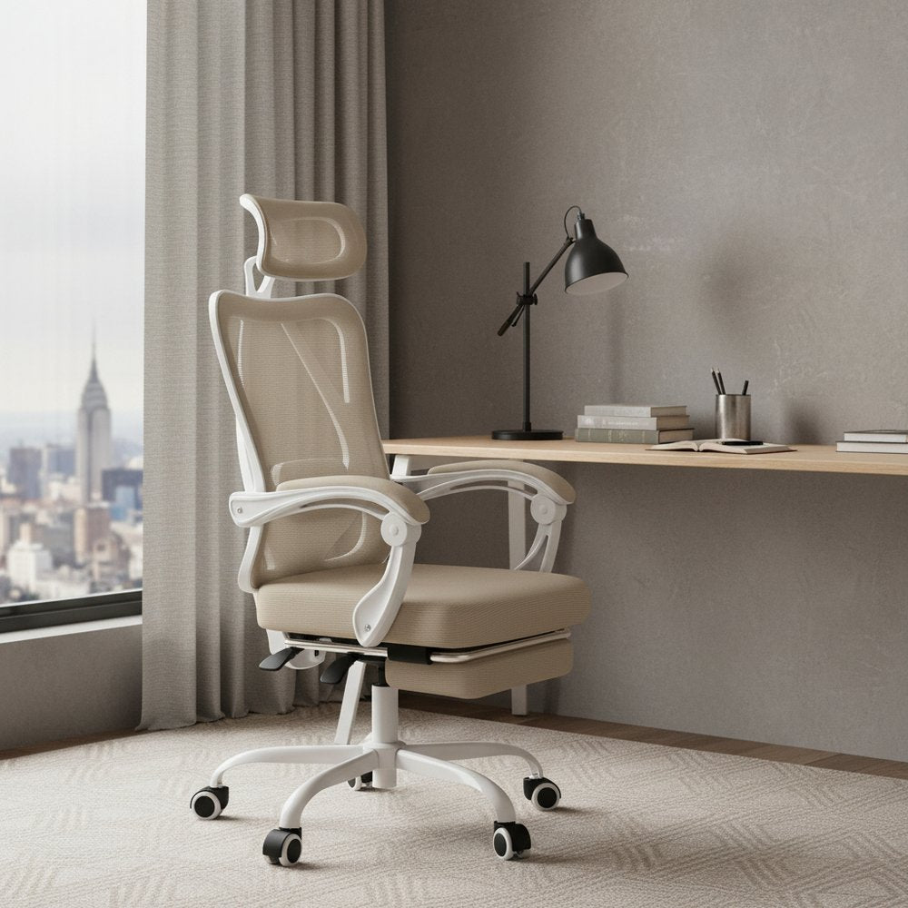 Beige White and Black Adjustable Height Swivel Rolling Office Chair