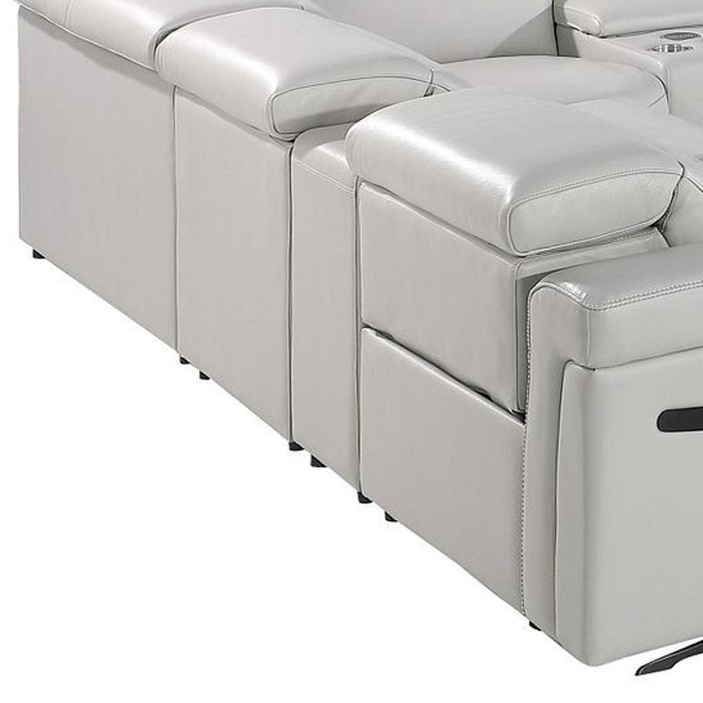 Light Gray Italian Leather Power Reclining U Shaped Twelve Piece Sectional with Console