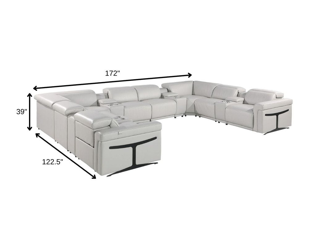 Light Gray Italian Leather Power Reclining U Shaped Twelve Piece Sectional with Console