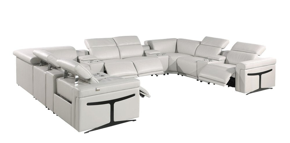 Light Gray Italian Leather Power Reclining U Shaped Twelve Piece Sectional with Console