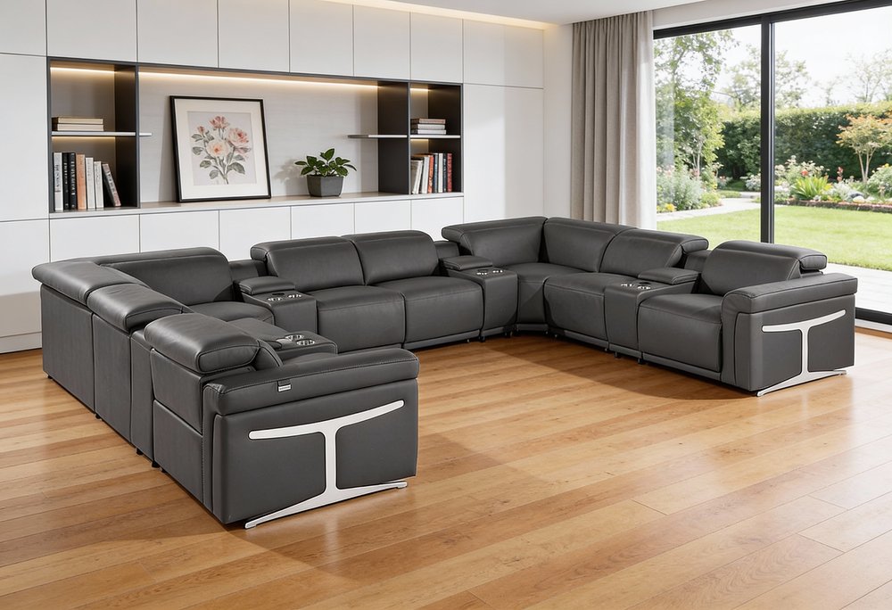Dark Gray Italian Leather Power Reclining U Shaped Twelve Piece Sectional with Console