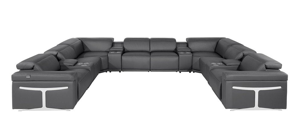 Dark Gray Italian Leather Power Reclining U Shaped Twelve Piece Sectional with Console