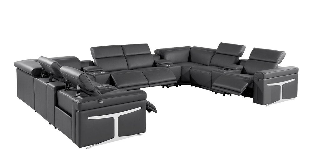 Dark Gray Italian Leather Power Reclining U Shaped Twelve Piece Sectional with Console