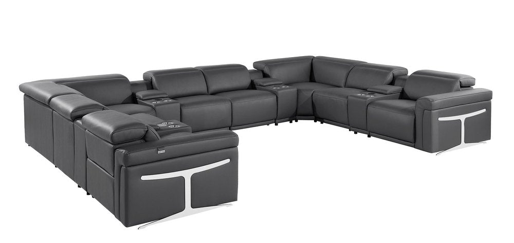 Dark Gray Italian Leather Power Reclining U Shaped Twelve Piece Sectional with Console