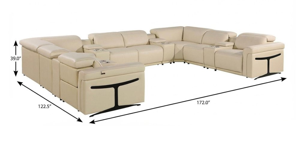 Beige Italian Leather Power Reclining U Shaped Twelve Piece Sectional with Console