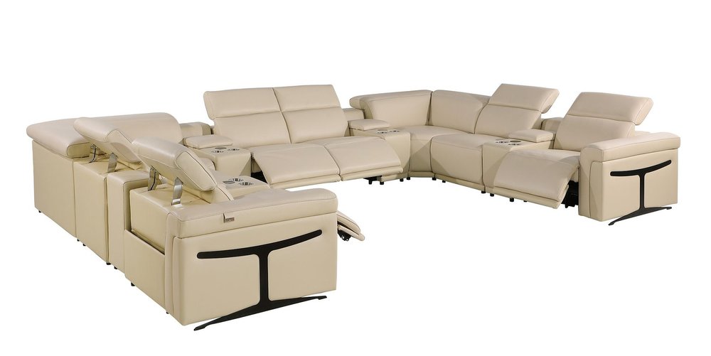 Beige Italian Leather Power Reclining U Shaped Twelve Piece Sectional with Console