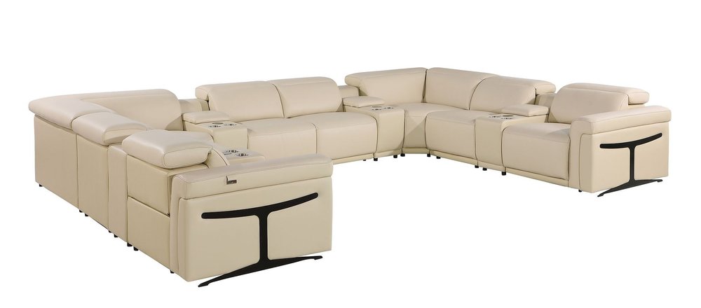 Beige Italian Leather Power Reclining U Shaped Twelve Piece Sectional with Console