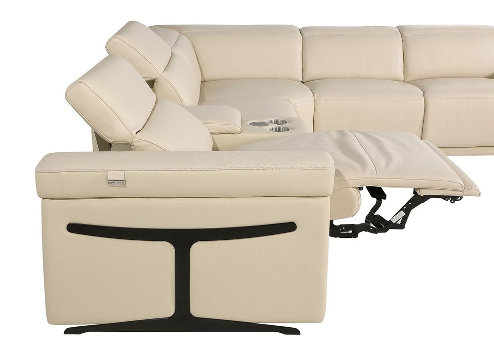 Beige Italian Leather Power Reclining U Shaped Twelve Piece Sectional with Console
