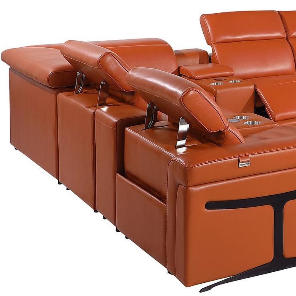 Camel Italian Leather Power Reclining U Shaped Twelve Piece Sectional with Console