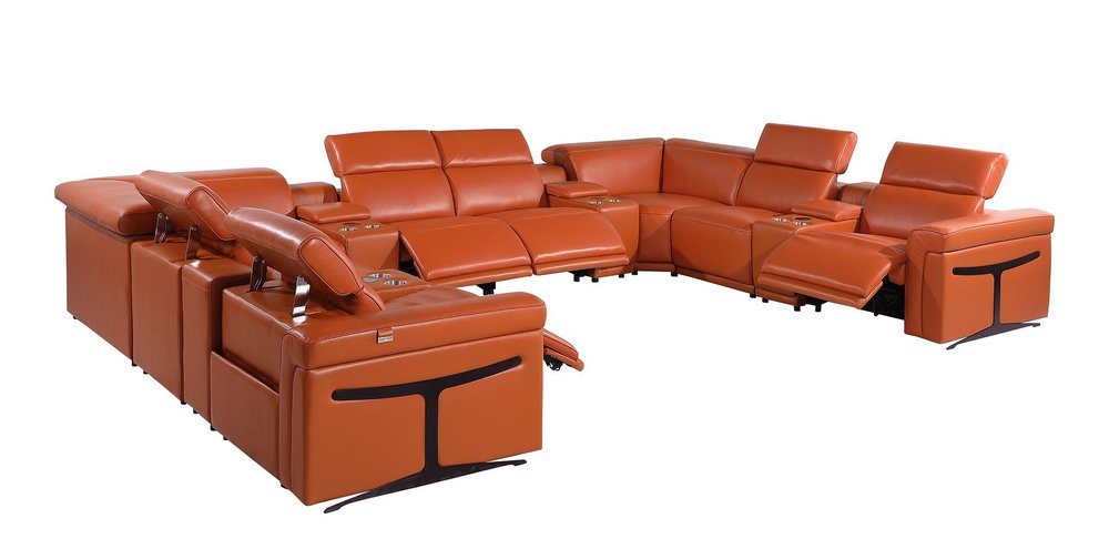 Camel Italian Leather Power Reclining U Shaped Twelve Piece Sectional with Console