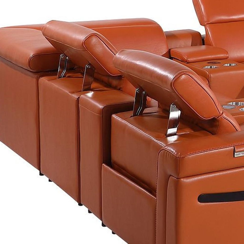 Camel Italian Leather Power Reclining U Shaped Twelve Piece Sectional with Console