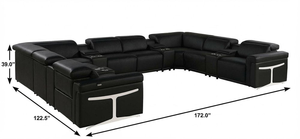 Black Italian Leather Power Reclining U Shaped Twelve Piece Sectional with Console
