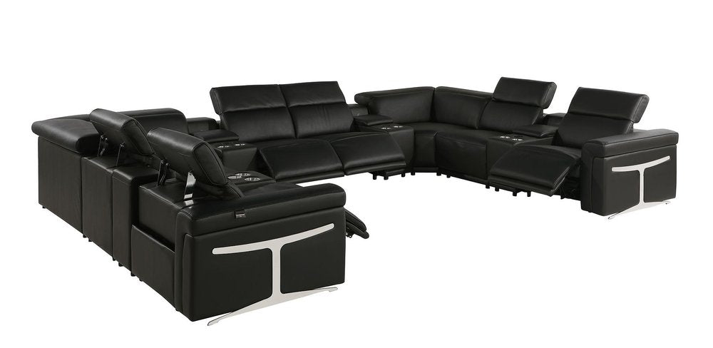 Black Italian Leather Power Reclining U Shaped Twelve Piece Sectional with Console