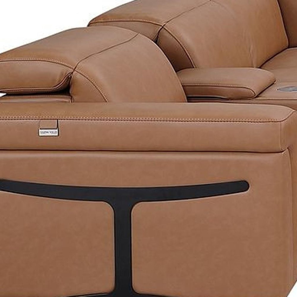 Chestnut Italian Leather Power Reclining U Shaped Twelve Piece Sectional with Console