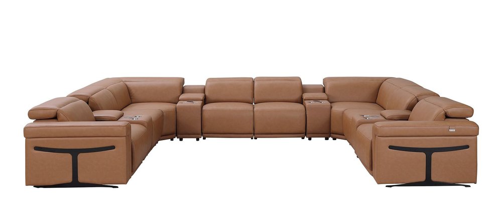 Chestnut Italian Leather Power Reclining U Shaped Twelve Piece Sectional with Console