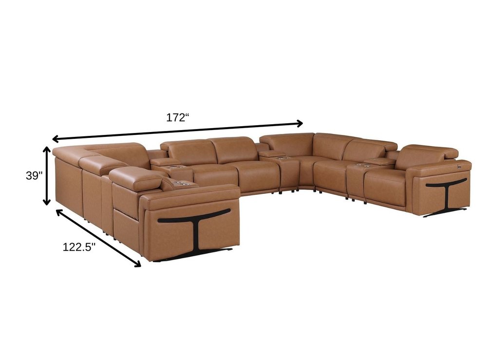Chestnut Italian Leather Power Reclining U Shaped Twelve Piece Sectional with Console